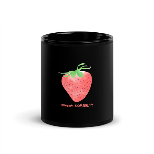 Sweet Sobriety Strawberry Black Glossy Mug - Sober Kats Shop